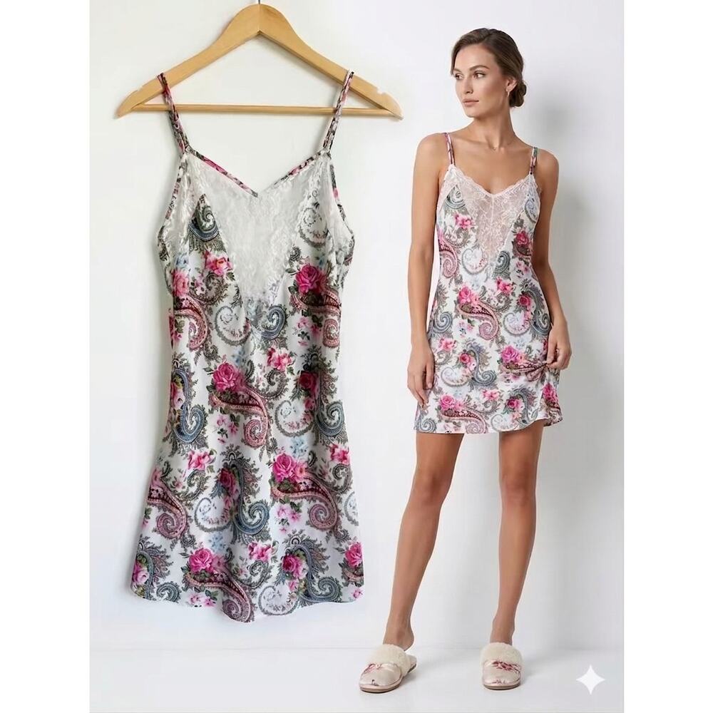 Vintage Victoria's Secret Gold label Paisley Floral Satin Slip Dress Size Small